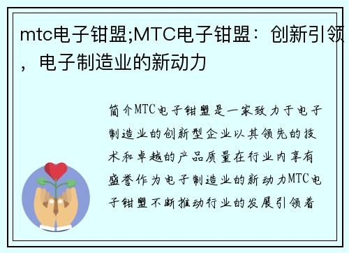 mtc电子钳盟;MTC电子钳盟：创新引领，电子制造业的新动力